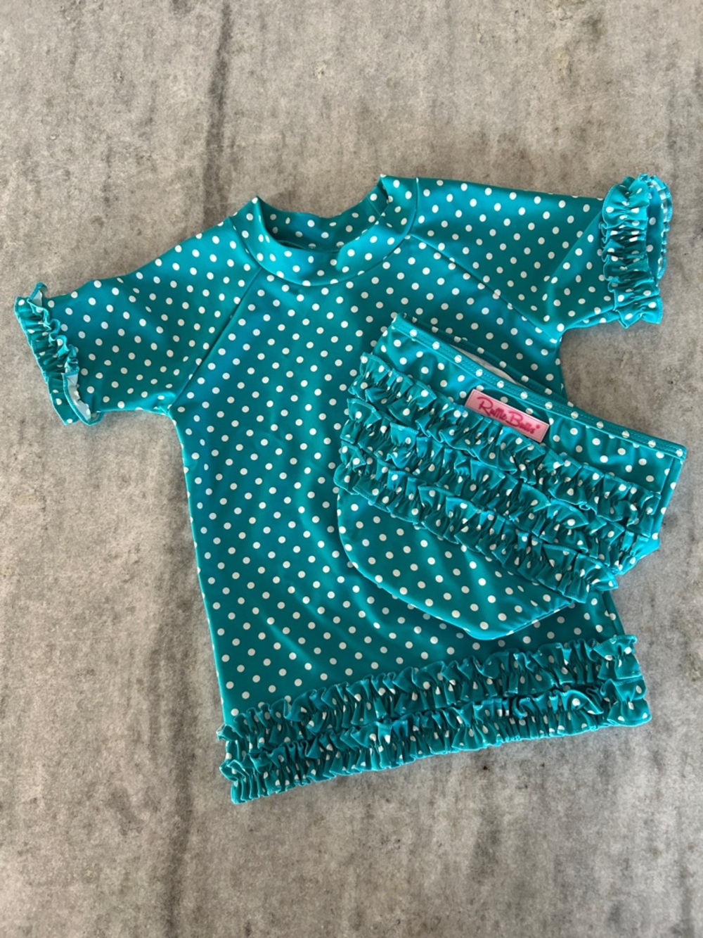 Ruffle Butts Turquoise Polka Dot Ruffle Swim Set Size 6